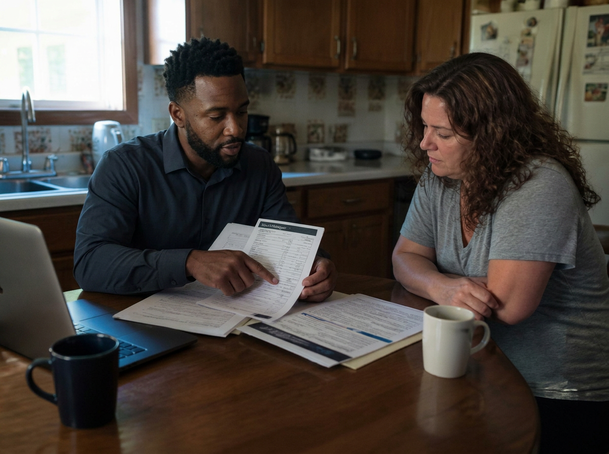 Loss mitigation representative reviewing foreclosure-alternative paperwork with a homeowner at a kitchen table