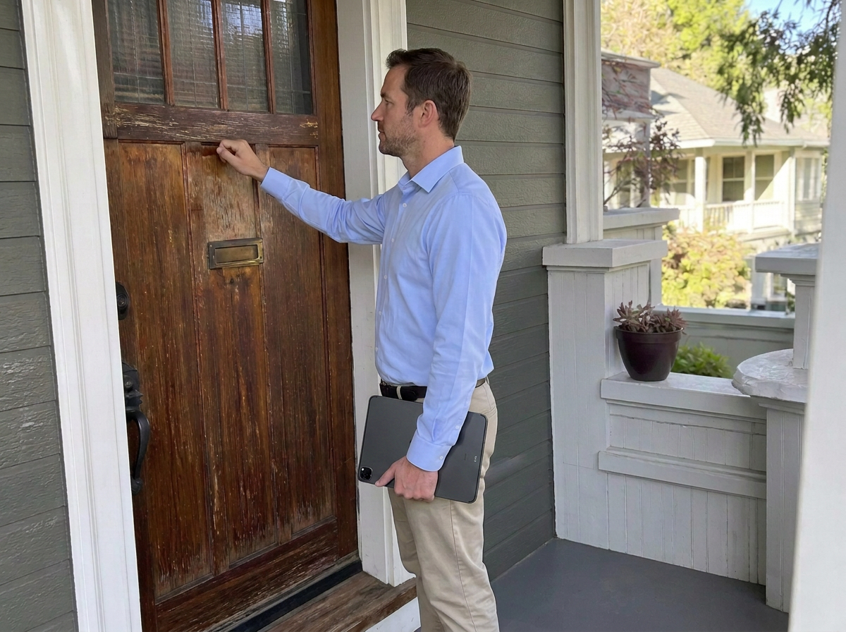 DPI field agent in business attire knocking on the front door of a Bay Area home for borrower outreach
