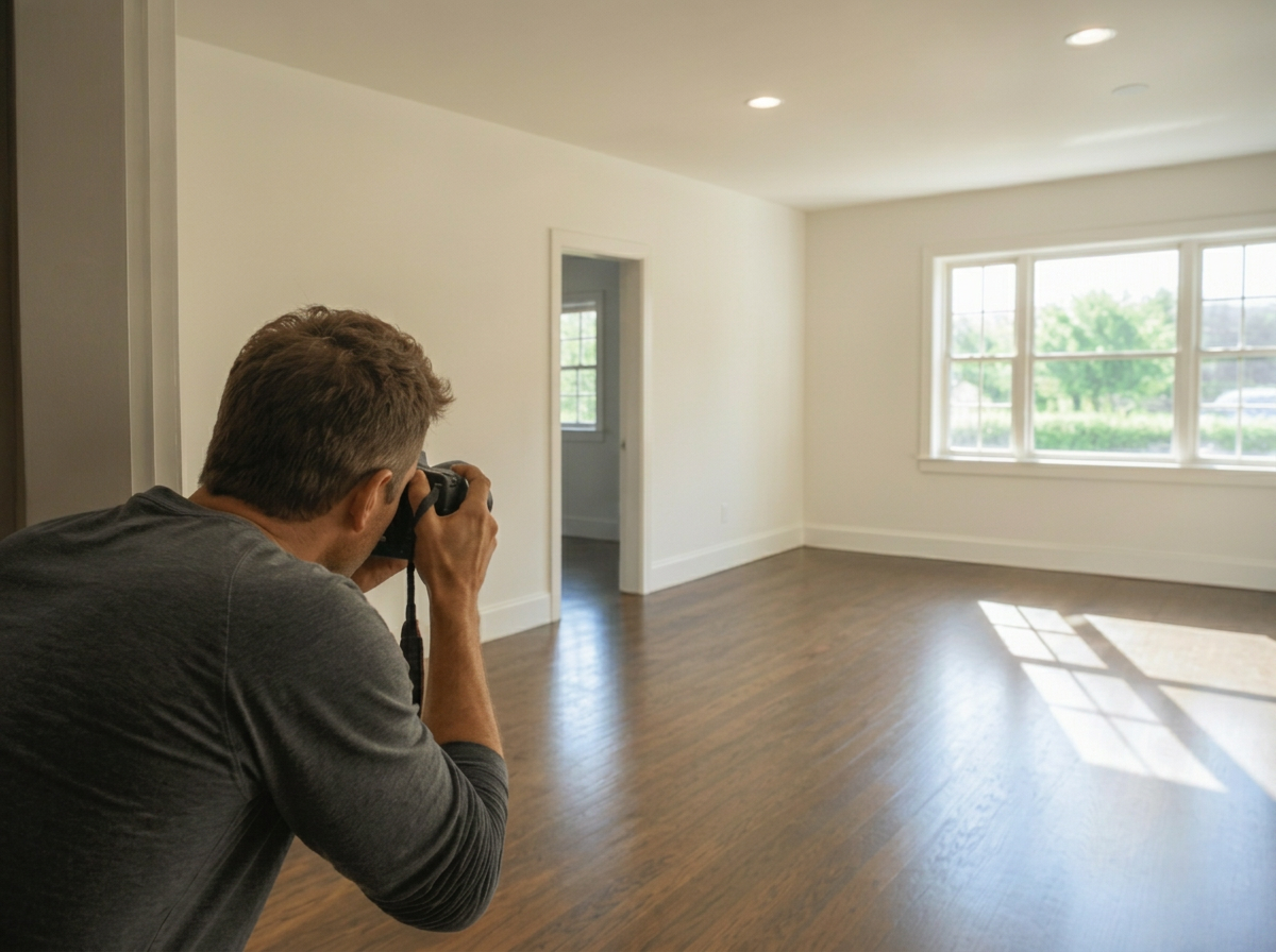 Real-estate professional photographing an empty living room for a DPI property condition report